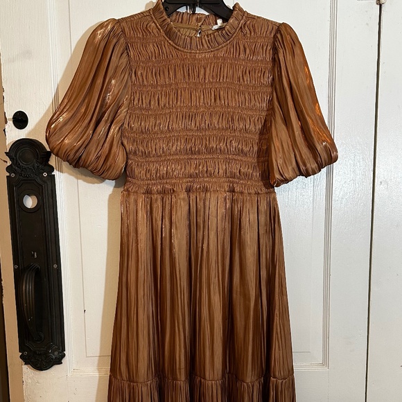 Copper Metallic Smocked Puff Sleeve Party Holiday Dress - Picture 1 of 10